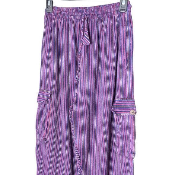 Gypsy Rose XL Purple Striped Boho High Waist Cargo Hippie Made In Nepal Pants - Picture 2 of 5
